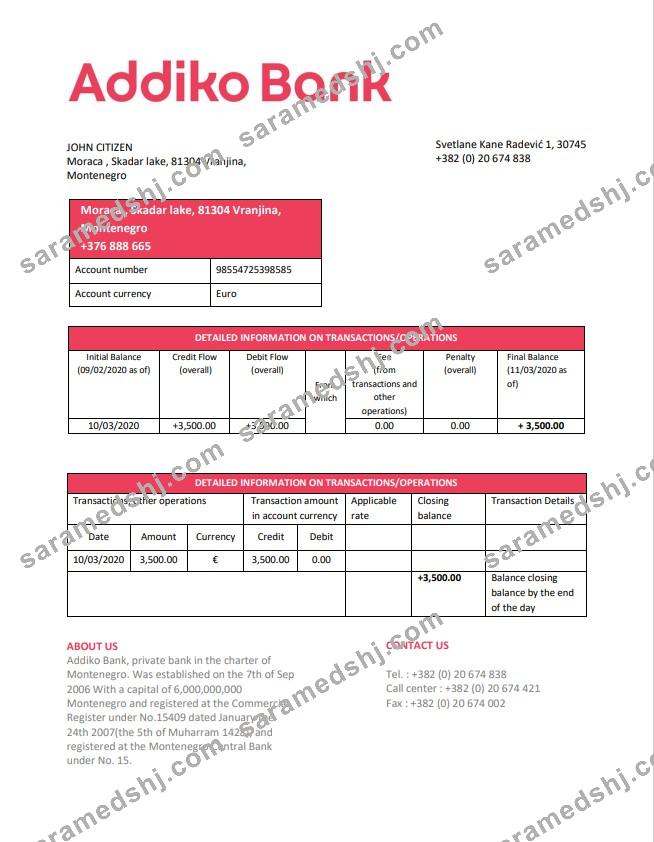 Montenegro Addiko Bank statement